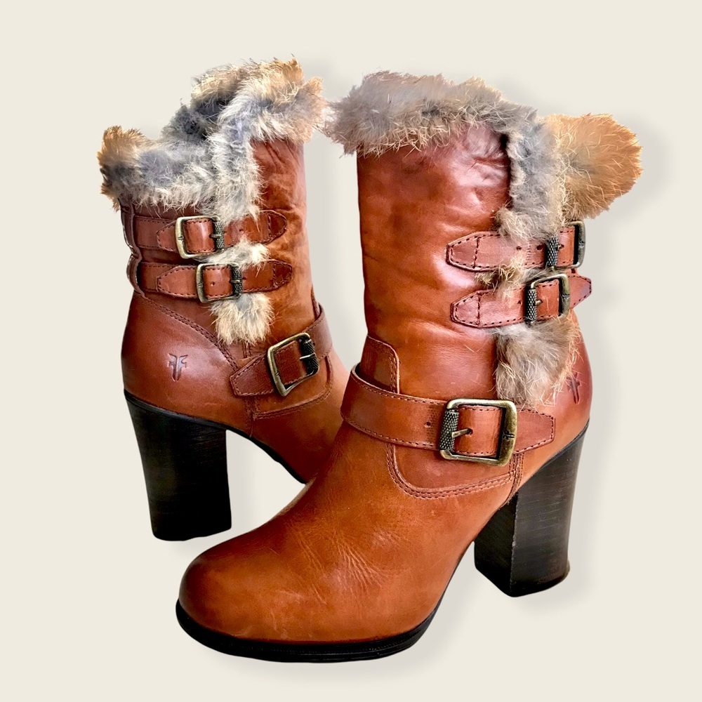 RARE Frye Penny Lux Rabbit Fur-Lined Cognac Leather Buckle Heeled Ankle Booties - Picture 10 of 16